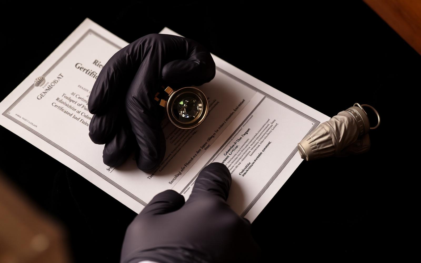 Gemologist examining a redacted certificate